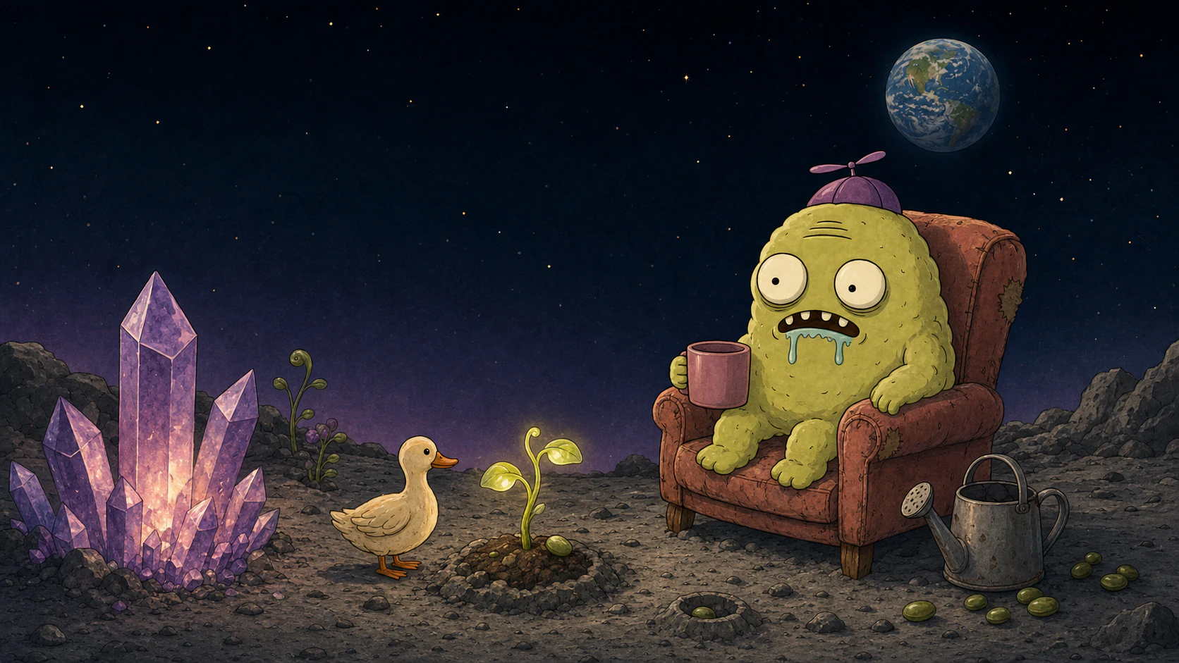 Goob watches a duck inspect a glowing bean sprout beside luminous purple moon crystals beneath one distant Earth.